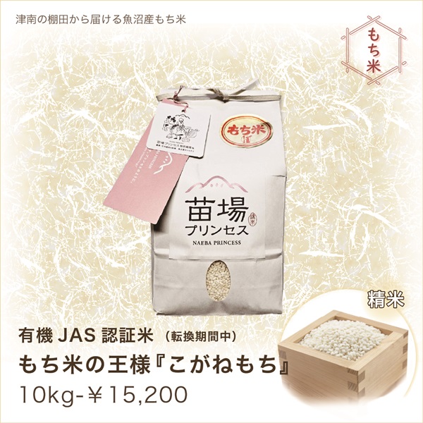 【令和７年度新米】苗場プリンセス　魚沼産もち米の王様 ”こがねもち”　(有機JAS認証米（転換期間中）-農薬化学肥料不使用)(精米-10Kg)