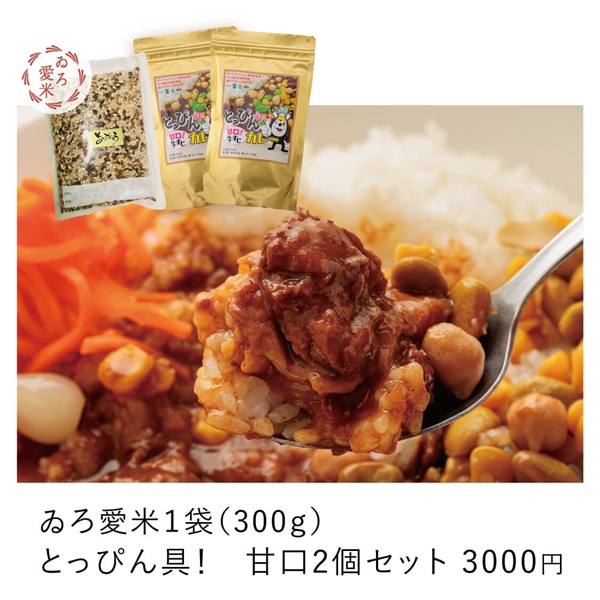 大人気！「ゐろ愛米」と「具っかけ！牛すじカレー」のセット(愛米１袋+とっぴん具！甘口2個セット)